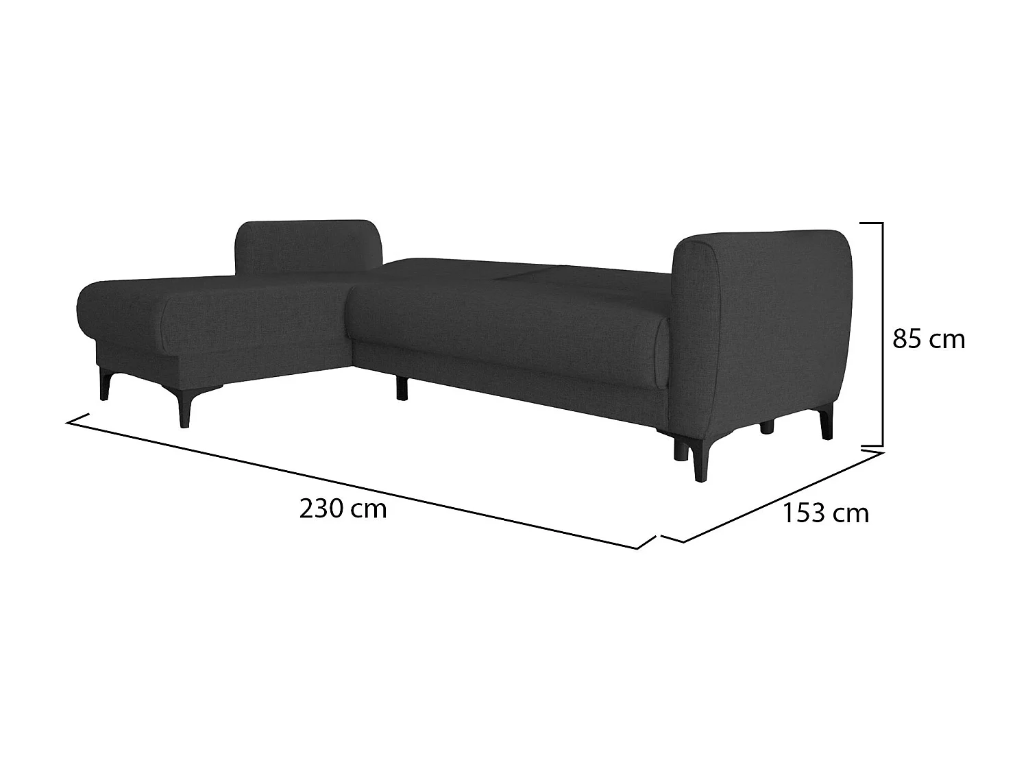 Canapé Angel, Canapé d'angle avec péninsule réversible, Canapé de rangement moderne avec méridienne et 3 coussins, 230x153h85 cm, Anthracite
