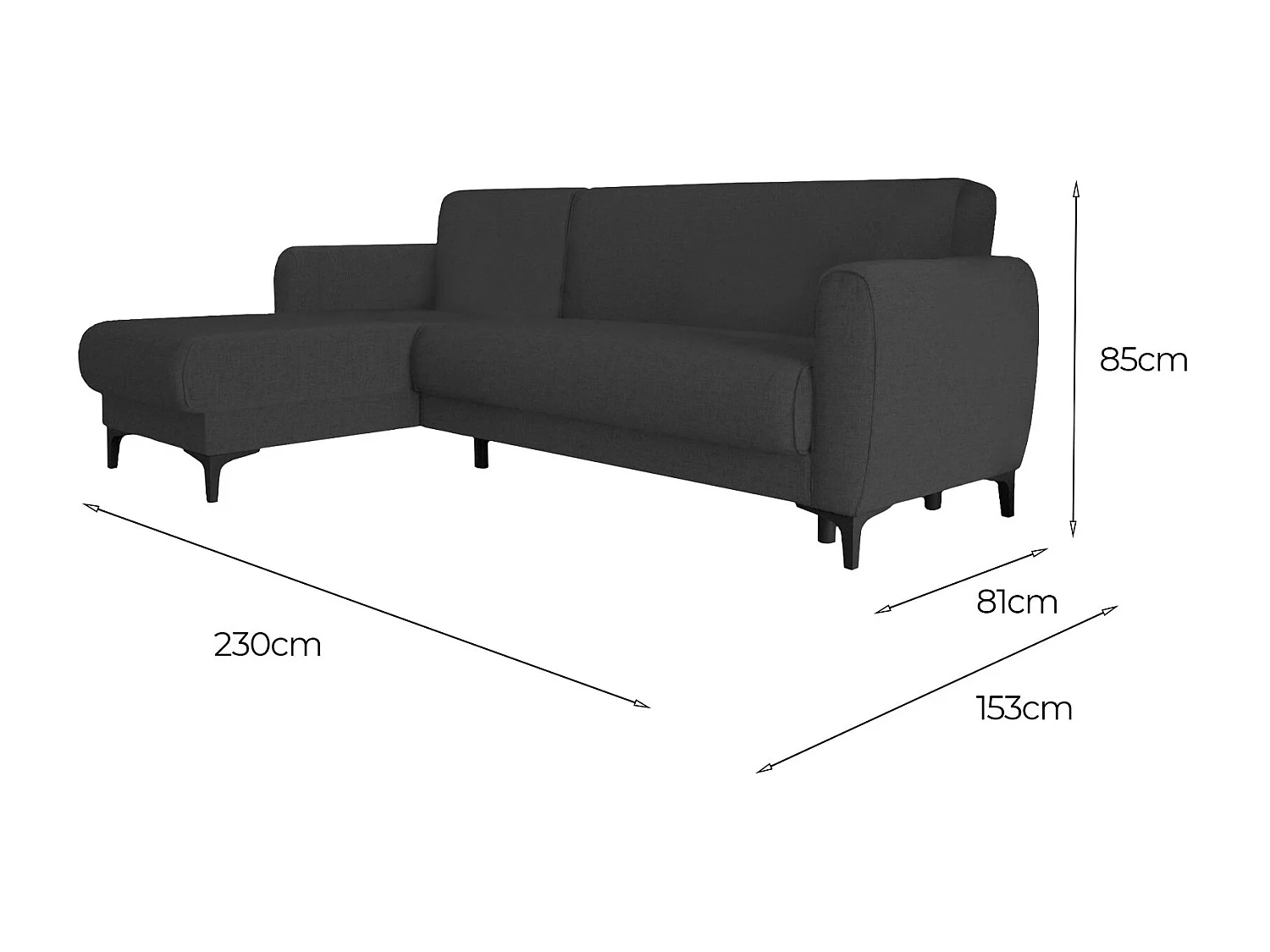 Canapé Angel, Canapé d'angle avec péninsule réversible, Canapé de rangement moderne avec méridienne et 3 coussins, 230x153h85 cm, Anthracite