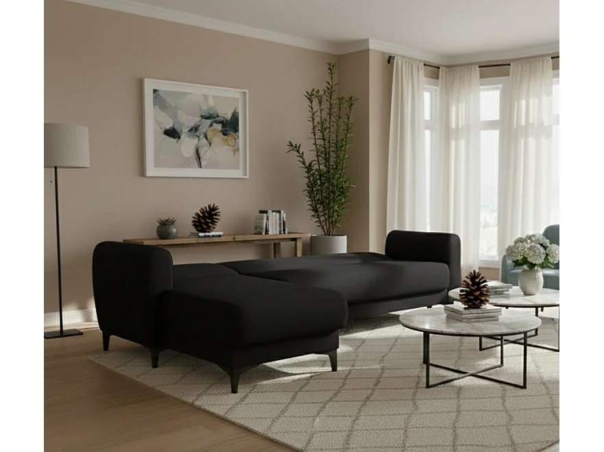 Dmora Slaapbank met Loungebank Angel 153x230 cm Antraciet Zwart, Omkeerbare Opbergruimte, Click-clack Opening