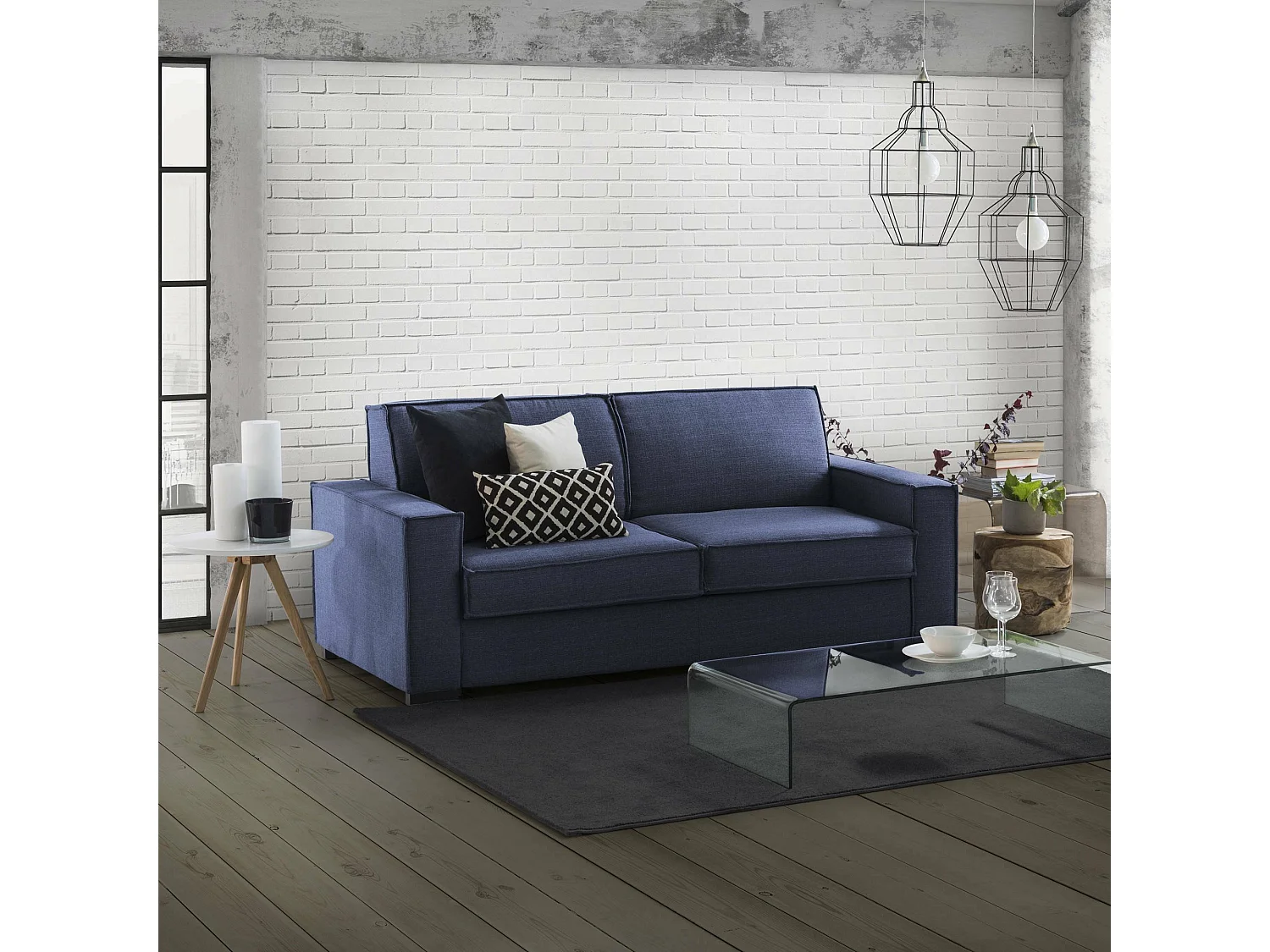 Achiropita slaapbank, grote 2-zitsbank, 100% Made in Italy, woonkamerbank met draaibare opening, in gewatteerde stof, met slanke armleuningen, 180x95h90 cm, blauw