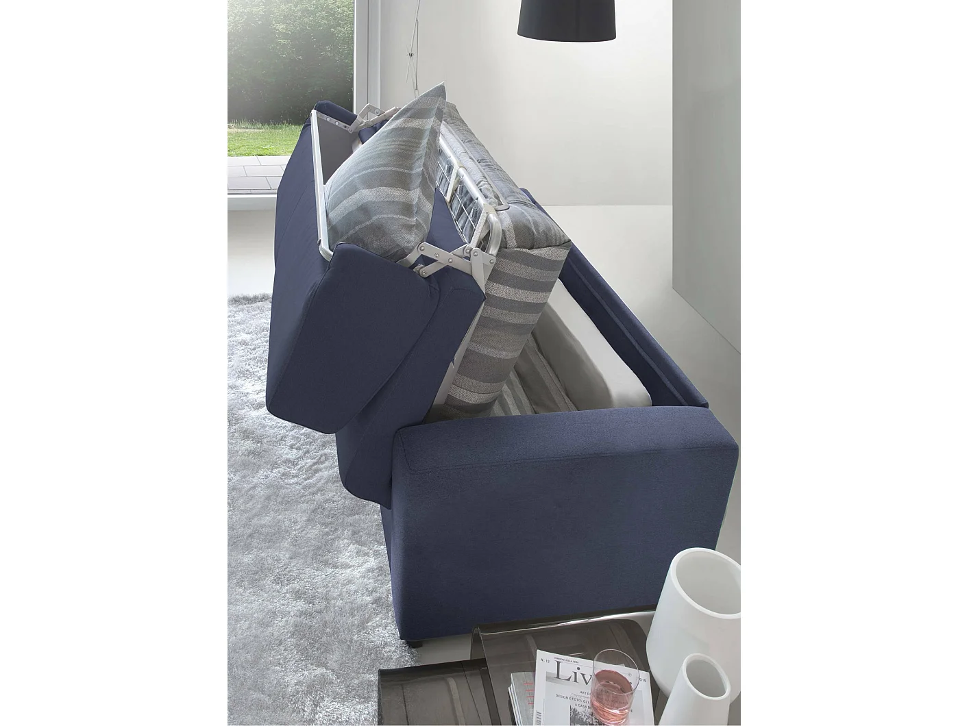 Talamo Italia - Divano letto 2 posti Andymion, Sofà Soggiorno con apertura girevole in tessuto imbottito, Braccioli standard, 100% Made in Italy, Cm 200x95h90, Blu