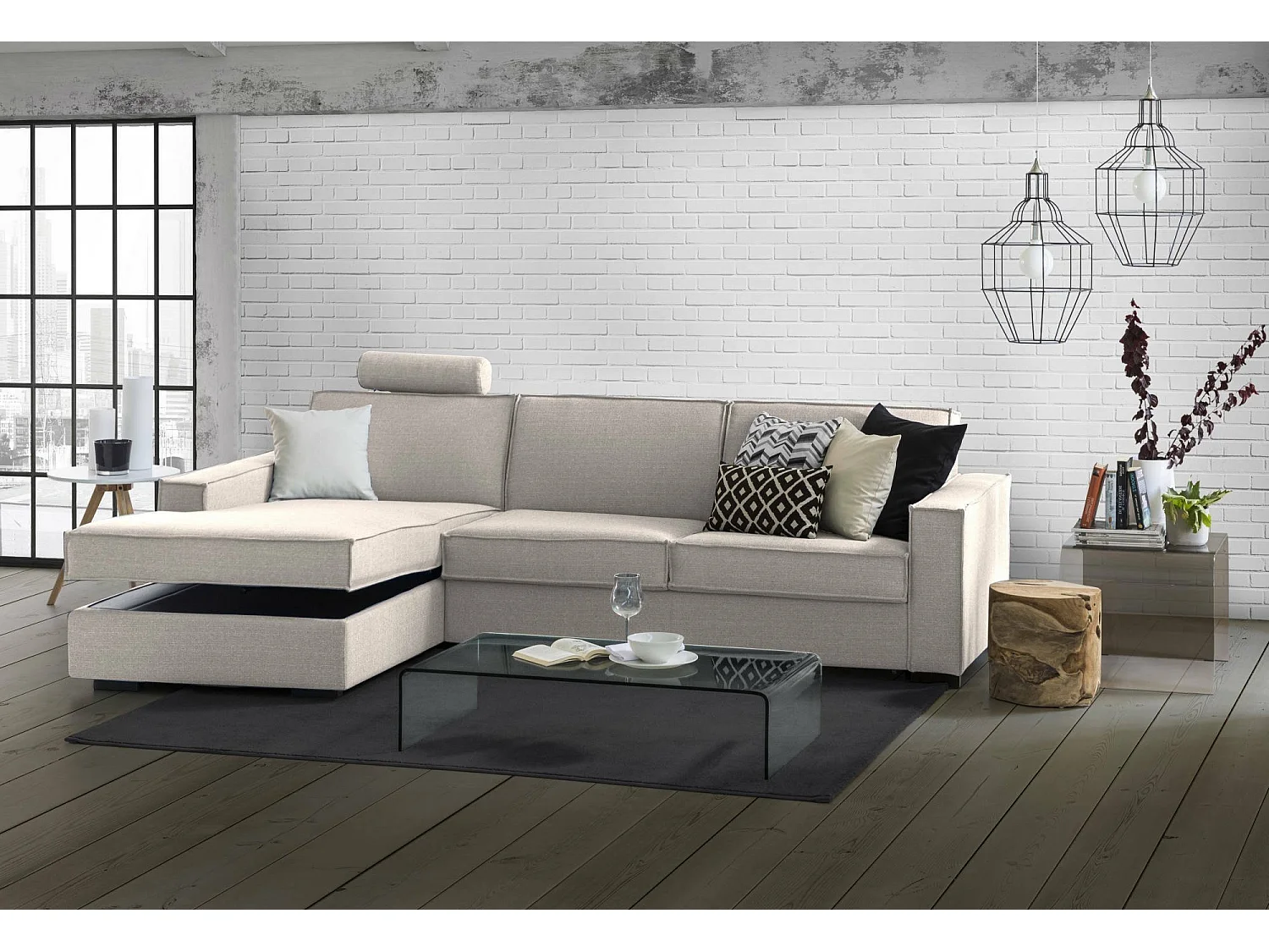 Sofá fixo Grazia, Sofá de canto, 100% Fabricado na Itália, Sofá da sala com, Península contêiner esquerda, com braços padrão, Cm 280x95h90, Taupe