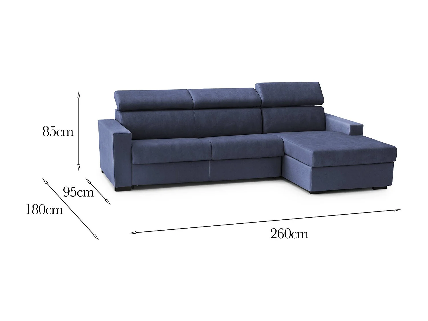 Divano fisso con penisola Mikaela, Sof ad angolo con chaise longue destra in tessuto, Braccioli slim, 100% Made in Italy, Cm 260x95h85, Blu