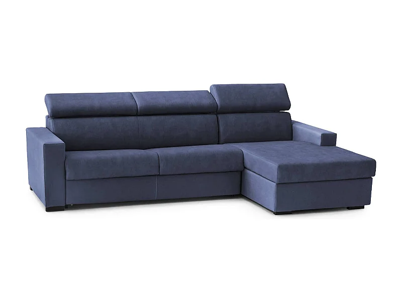 Sofá fijo con península Mikaela, sofá esquinero con chaise longue derecho de tela, reposabrazos finos, 100% Made in Italy, 260x95h85 cm, Azul