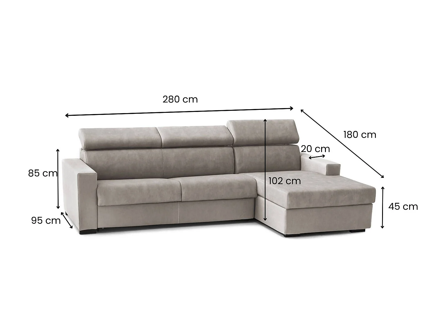 Alberta Slaapbank, Hoekbank, 100% Made in Italy, Bank met draaibare opening, met opbergschiereiland rechts, met standaard armleuningen, 280x95h85 cm, Taupe