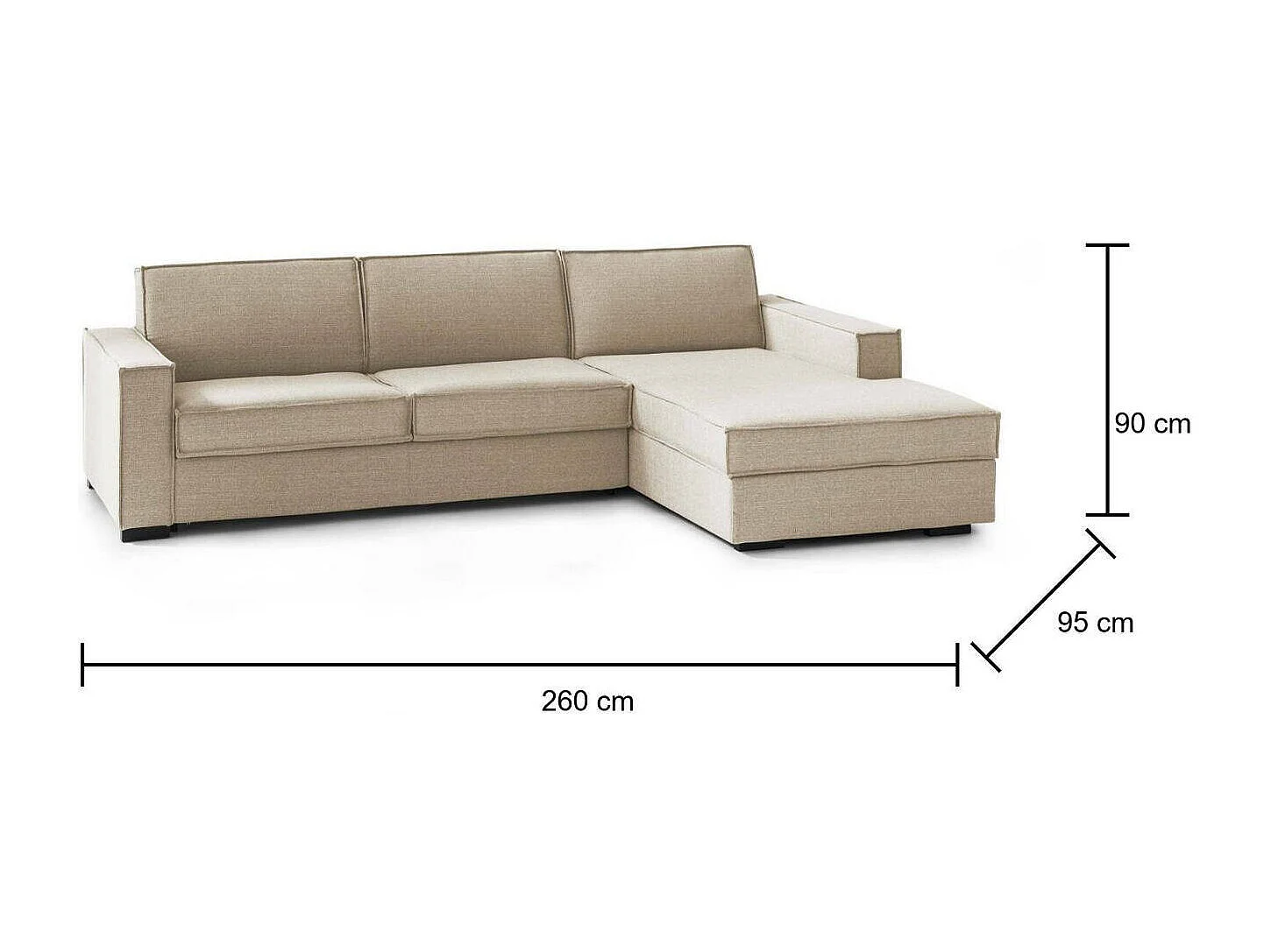Vaste bank Maia, Hoekbank, 100% Made in Italy, Woonkamerbank met containerschiereiland rechts, met slanke armleuningen, Cm 260x95h90, Beige
