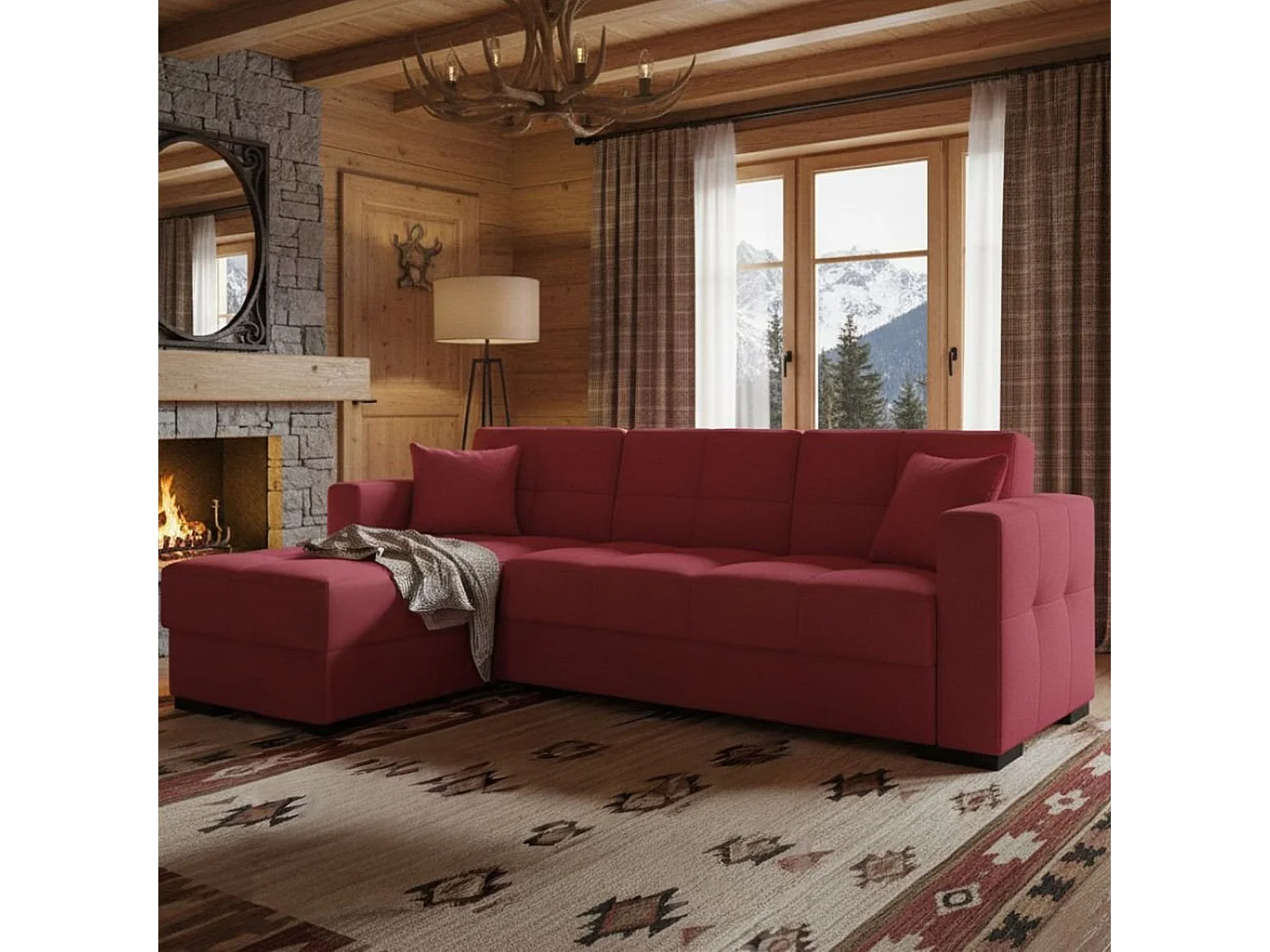 Schlafsofa Fernando, Eckschlafsofa mit umkehrbarer Halbinsel, Aufbewahrungssofa für Wohnzimmer mit chaiselongue und 2 Kissen, 230x150h81 cm, Rot