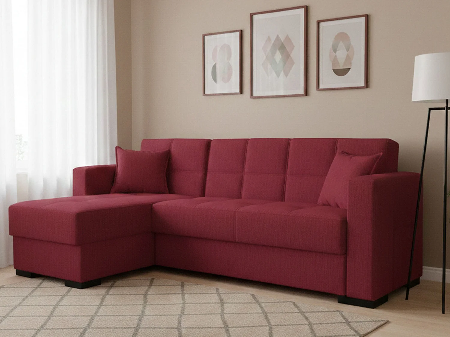 Canapé Fernando, Canapé d'angle avec péninsule réversible, Canapé de rangement pour le salon avec chaiselongue et 2 coussins, 230x150h81 cm, Rouge