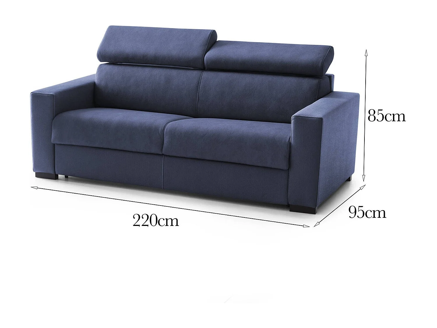 Canapé fixe Julia, canapé 3 places, 100% Made in Italy, Canapé de salon, en tissu rembourré, avec appuie-tête réglables et accoudoirs standards, 220x95h85 cm, Bleu