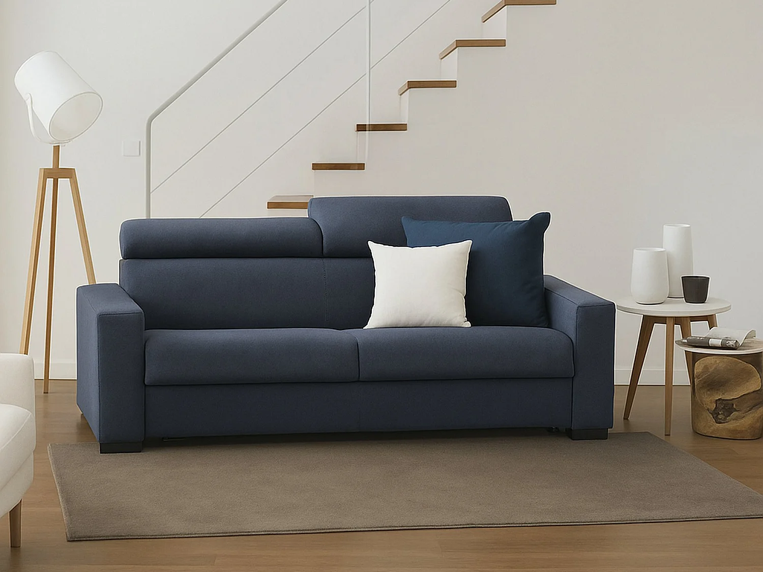 Sofá fixo Julia, ofá de 3 lugare, 100% Fabricado na Itália, Sofá da ala, em tecido acolchoado, com apoio de cabeça ajutávei â€<â€<e braço padrão, 220x95h85 cm, Azul