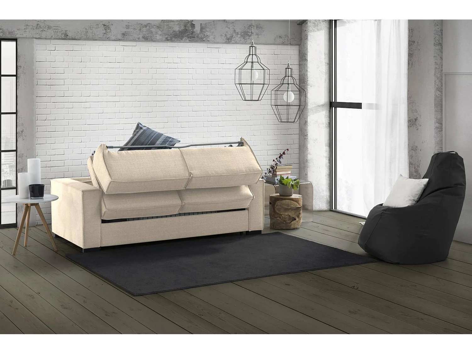 Schlafsofa Abigail, GroÃŸes 2-Sitzer-Sofa, 100%  Italy, Wohnzimmersofa mit drehbarer Ã–ffnung, aus gepolstertem Stoff, mit Standard-Armlehnen, Cm 200x95h90, Beige