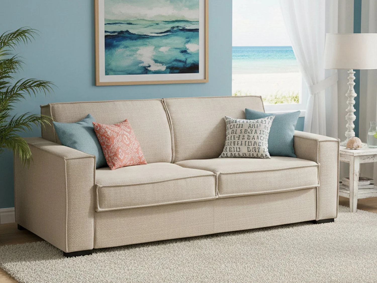 Schlafsofa Abigail, GroÃŸes 2-Sitzer-Sofa, 100%  Italy, Wohnzimmersofa mit drehbarer Ã–ffnung, aus gepolstertem Stoff, mit Standard-Armlehnen, Cm 200x95h90, Beige