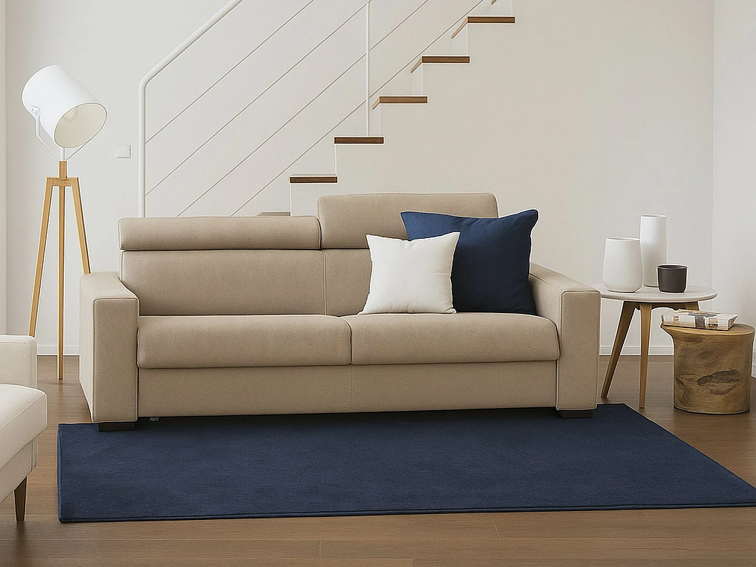 Sofá fixo Alexandra, sofá de 2 lugares, 100% Made in Italy, Sofá da sala, em tecido acolchoado, com apoios de cabeça ajustáveis ​​e braços finos, 160x95h85 cm, Bege