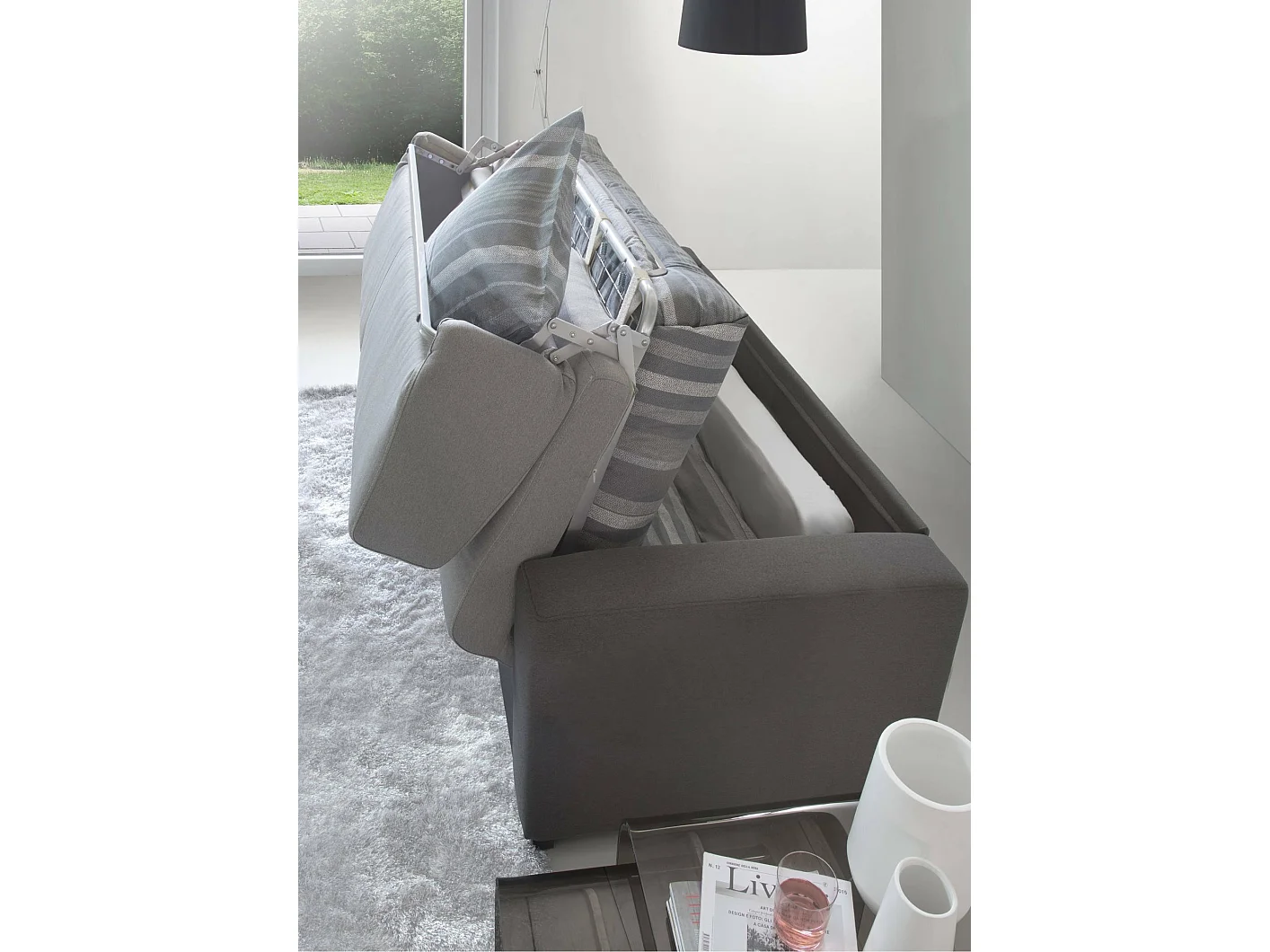 Canapé lit 2 places Alexis, Canapé à ouverture pivotante en tissu rembourré, Accoudoirs standards, 100% Made in Italy, 200x95h90 cm, Gris et Anthracite