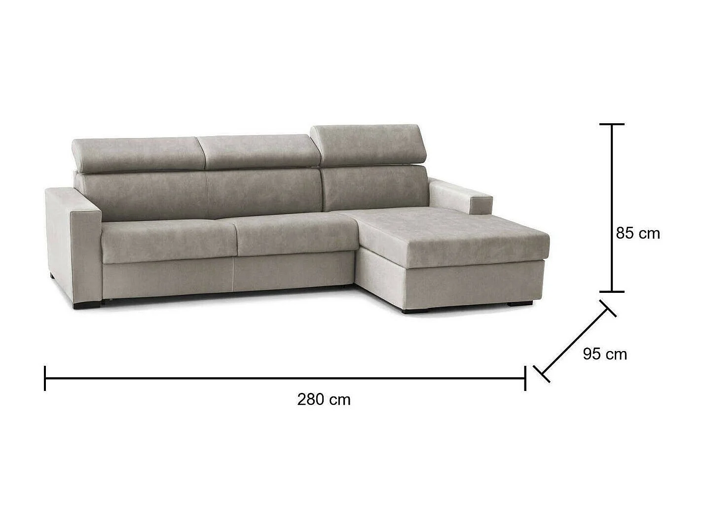 Divano fisso con penisola Mikaela, Sof ad angolo con chaise longue destra in tessuto, Braccioli slim, 100% Made in Italy, Cm 280x95h85, Tortora