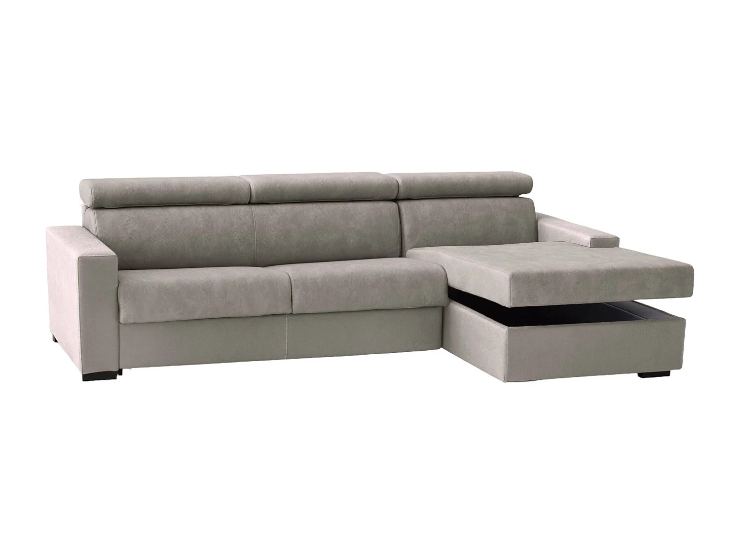 Divano fisso con penisola Mikaela, Sof ad angolo con chaise longue destra in tessuto, Braccioli slim, 100% Made in Italy, Cm 280x95h85, Tortora