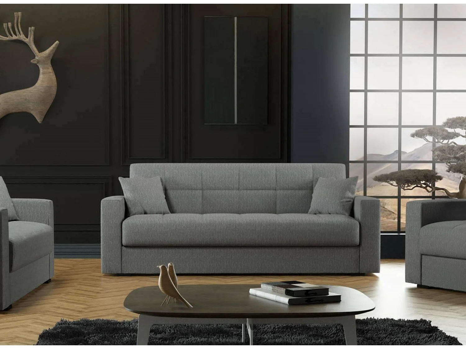 Canapé Pinto, Canapé conteneur linéaire 3 places, Canapé de salon en tissu rembourré avec ouverture clic-clac, 212x80h87 cm, Gris