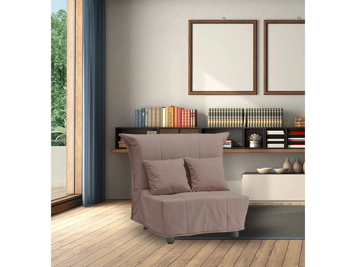 Divano Letto Alma, Divano singolo, 100% Made in Italy, Poltrona soggiorno con apertura a carrello, in tessuto imbottito, con cuscini inclusi, Cm 85x90h85, Tortora