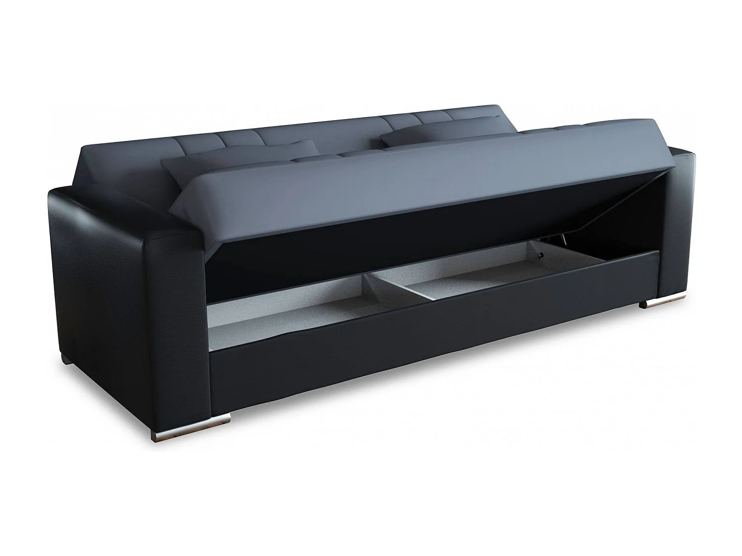 Canapé Sergio, Canapé conteneur 3 places en éco-cuir et tissu, Canapé de salon avec ouverture clic-clac et 2 coussins inclus, 230x96h101 cm, Noir et Gris