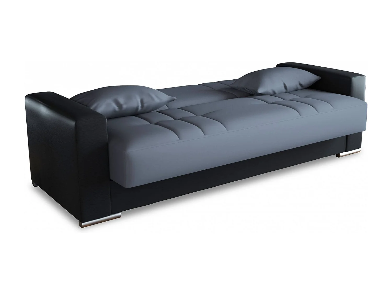 Canapé Sergio, Canapé conteneur 3 places en éco-cuir et tissu, Canapé de salon avec ouverture clic-clac et 2 coussins inclus, 230x96h101 cm, Noir et Gris