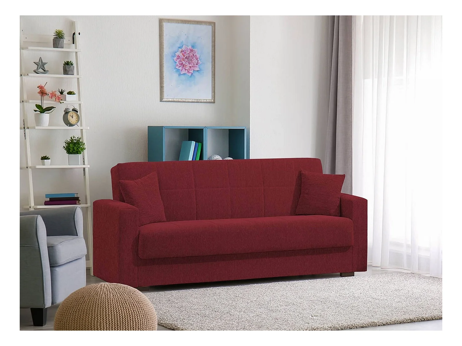 Canapé Pinto, Canapé conteneur 3 places linéaire, Canapé de salon en tissu rembourré avec ouverture clic-clac, 212x80h87 cm, Rouge