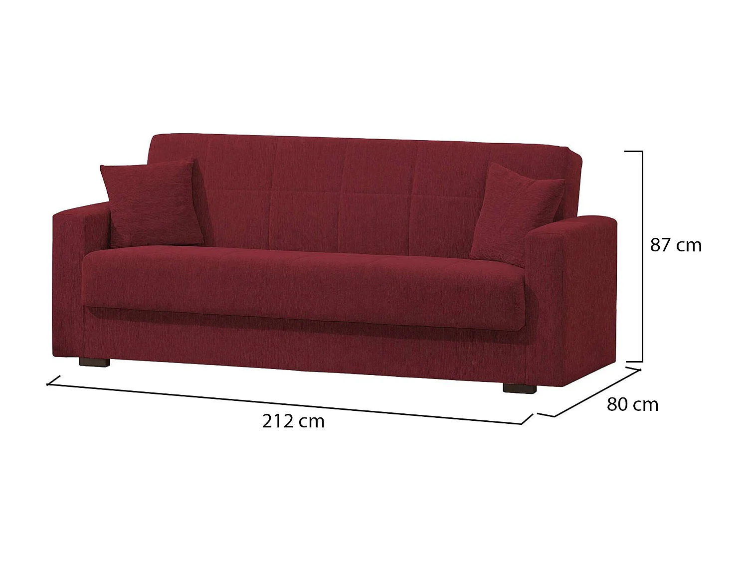 Divano letto Pinto, Divano letto contenitore lineare a 3 posti, Sofà da soggiorno in tessuto imbottito con apertura click-clack, 212x80h87 cm, Rosso