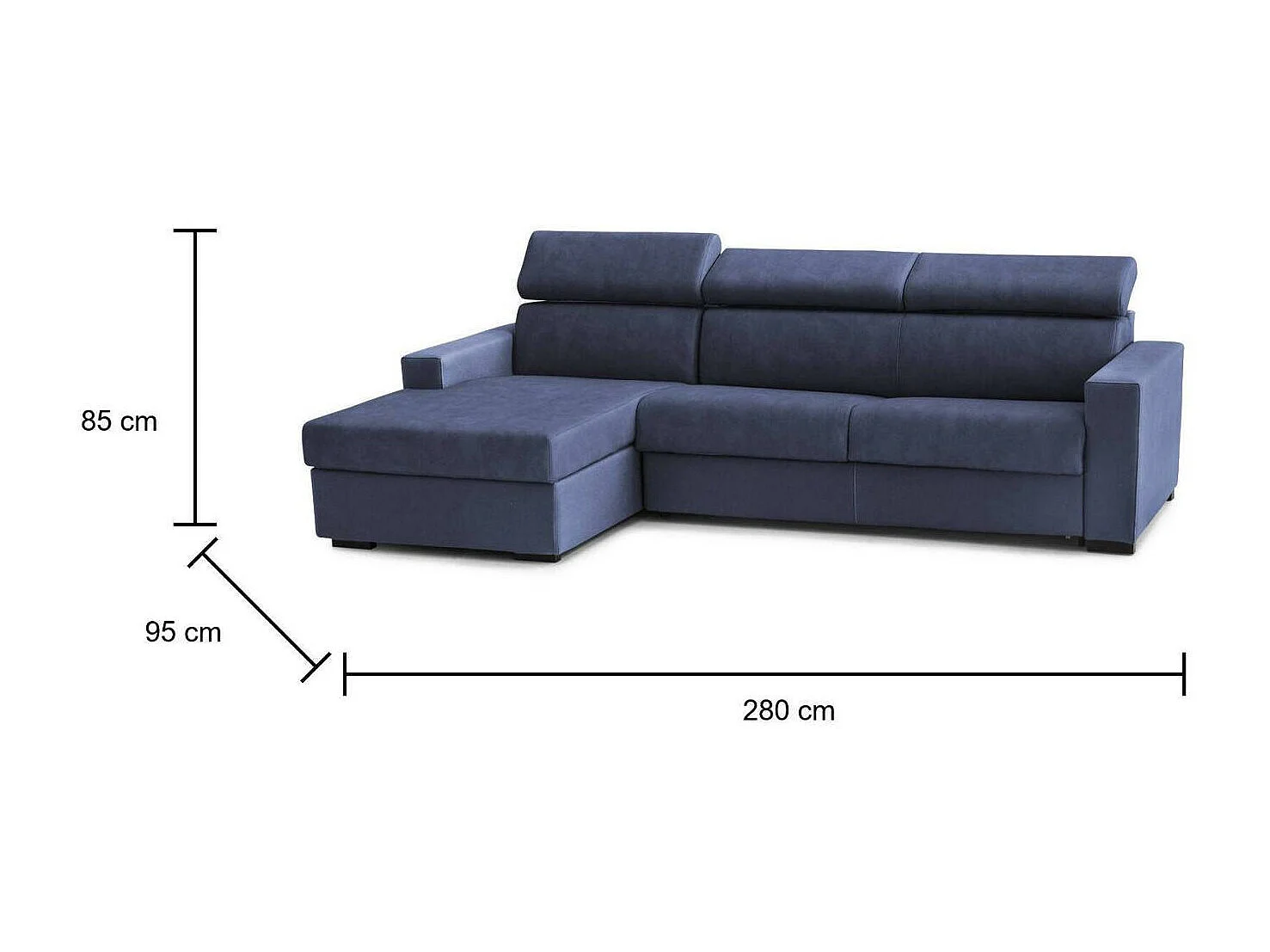 Schlafsofa Alda, Ecksofa, 100%  Italy, Sofa mit Drehöffnung, mit linker Behälterhalbinsel, mit Standard-Armlehnen, Cm 280x95h85, Blau