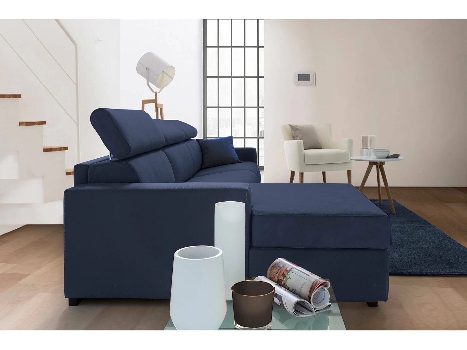 Schlafsofa Alda, Ecksofa, 100%  Italy, Sofa mit Drehöffnung, mit linker Behälterhalbinsel, mit Standard-Armlehnen, Cm 280x95h85, Blau