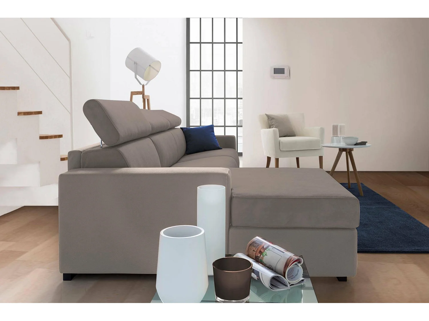 Divano letto con penisola Alda, Sof con penisola contenitore Sinistra, Braccioli standard, 100% Made in Italy, Cm 280x95h85, Tortora