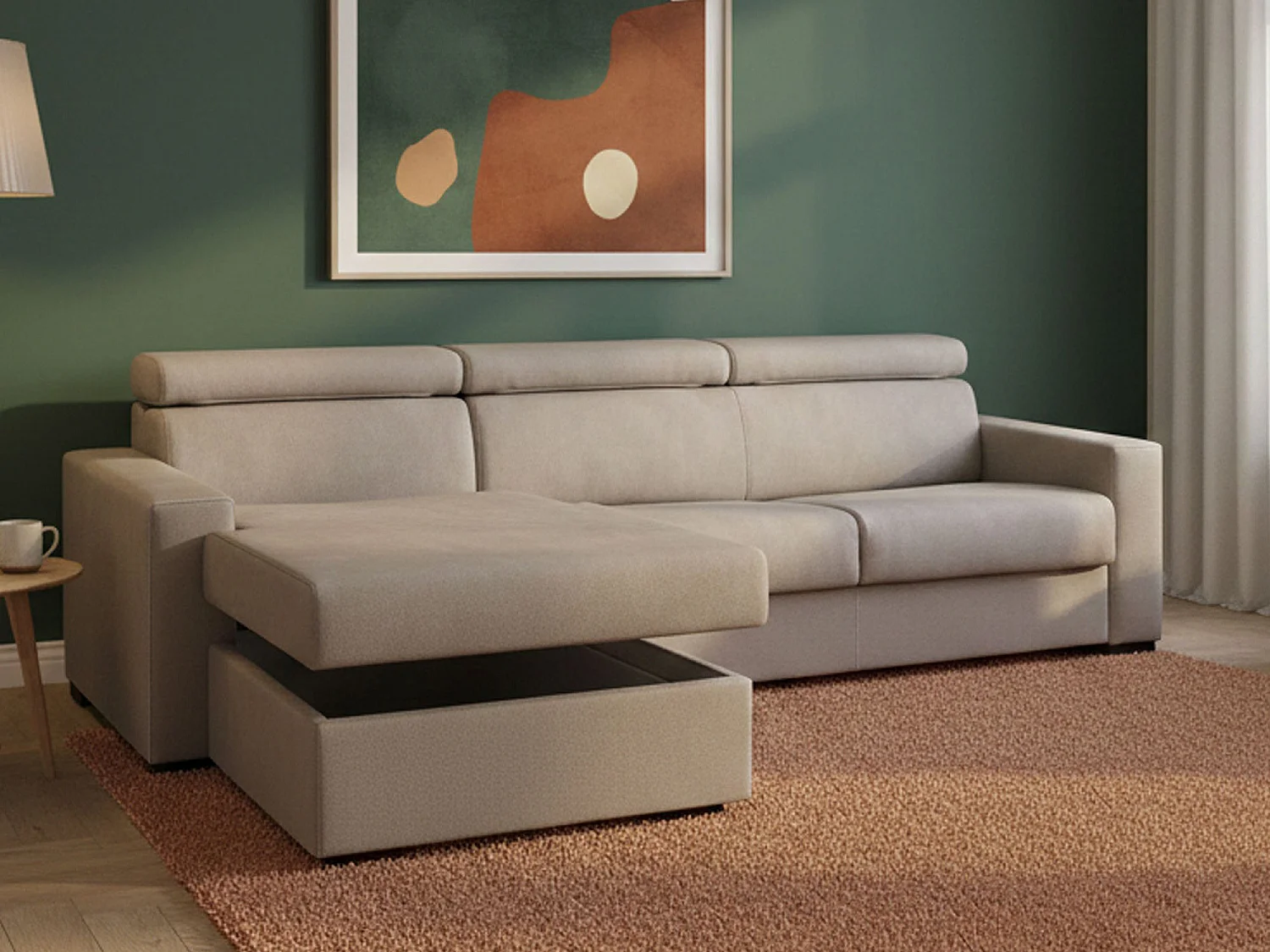 Sofá-cama Alda, Sofá de canto, 100% Fabricado na Itália, Sofá com abertura giratória, com penínula de armazenamento equerda, com braço padrão, 280x95h85 cm, Taupe