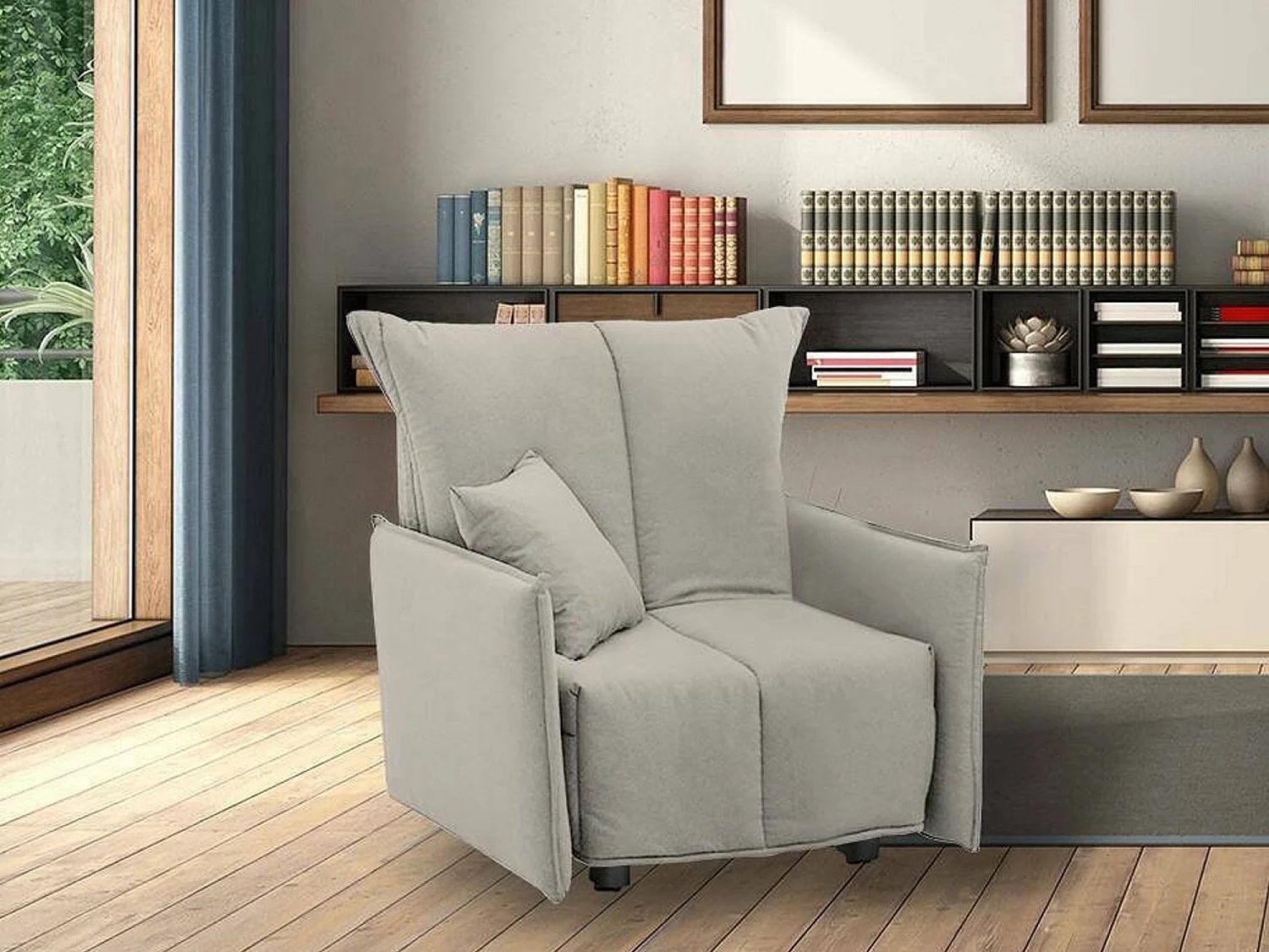 Almerinda slaapbank, enkele bank, 100% Made in Italy, woonkamerfauteuil met trolley-opening, in gewatteerde stof, met standaard armleuningen, 110x90h85 cm, beige