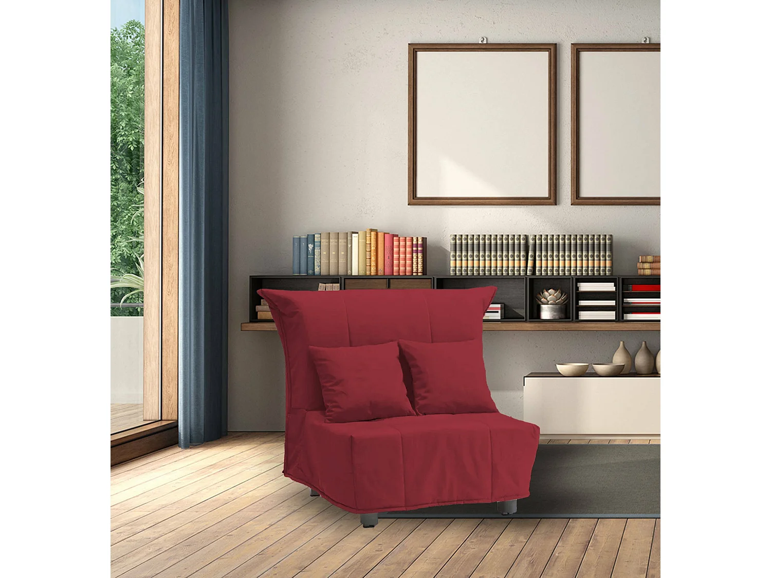 Canapé-lit Alma, Canapé simple, 100% Made in Italy, Fauteuil de salon avec ouverture trolley, en tissu rembourré, avec coussins inclus, 85x90h85 cm, Rouge