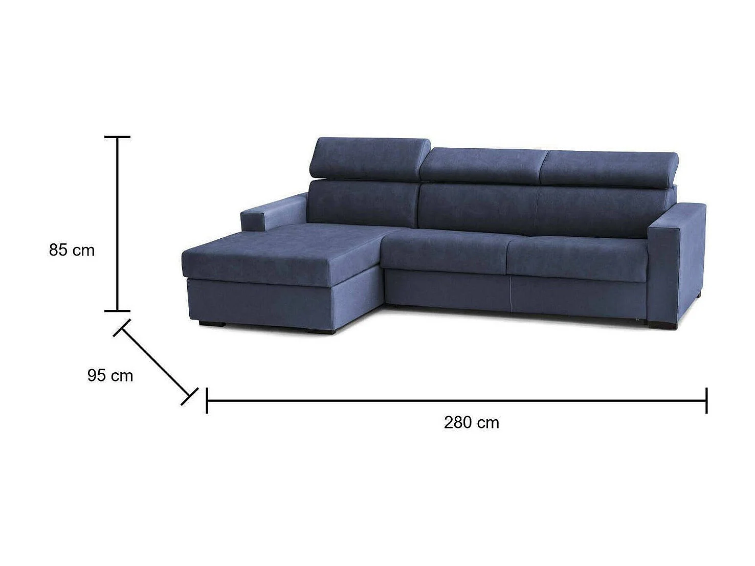 Sofá fijo con península Viviana, Sofá esquinero con chaise longue izquierdo de tela, Reposabrazos estándar, 100% Made in Italy, 280x95h85 cm, Azul