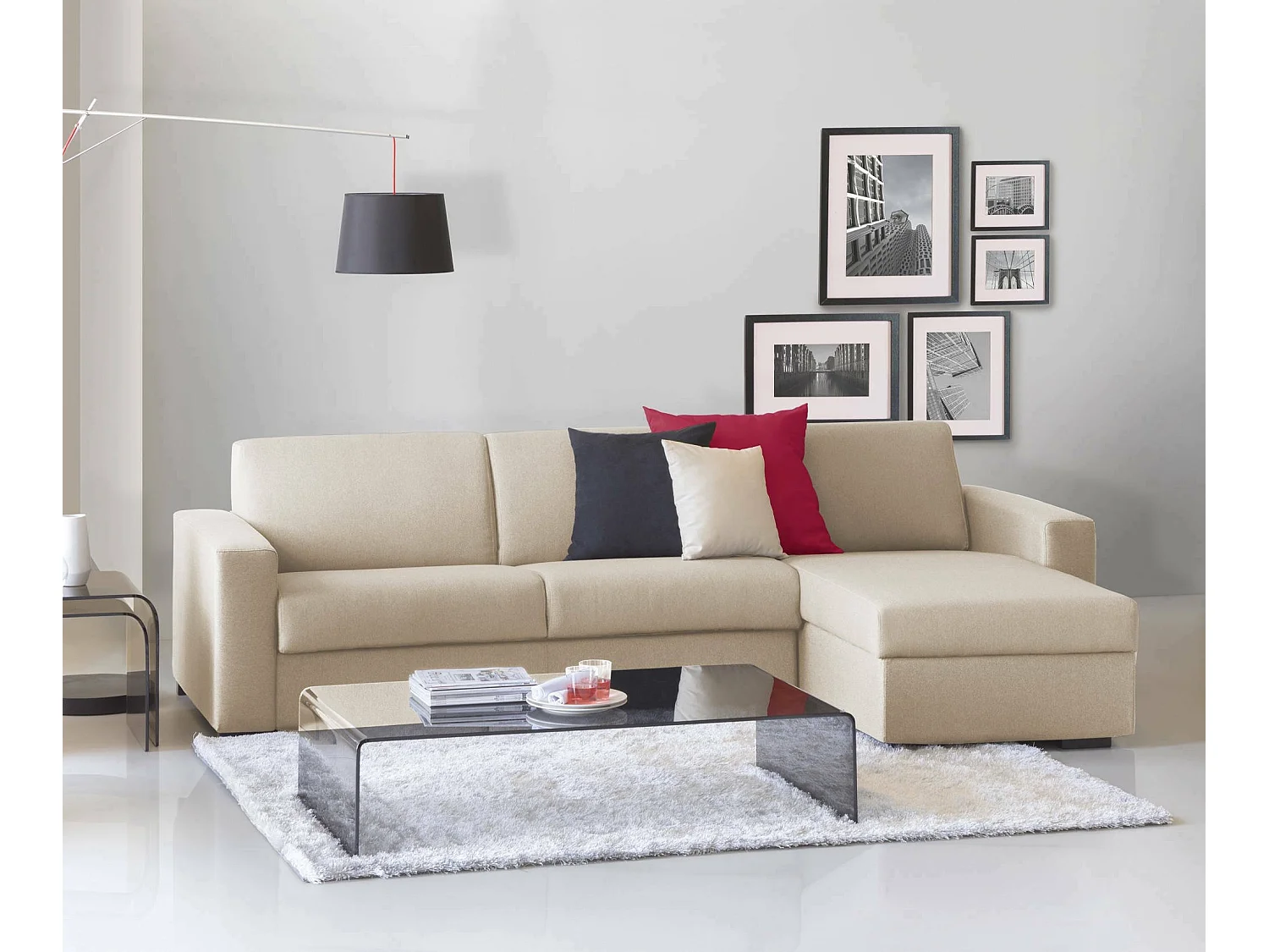 Talamo Italia - Divano letto con penisola Aika, Sofà con penisola contenitore reversibile, Braccioli standard, 100% Made in Italy, Cm 280x95h90, Beige