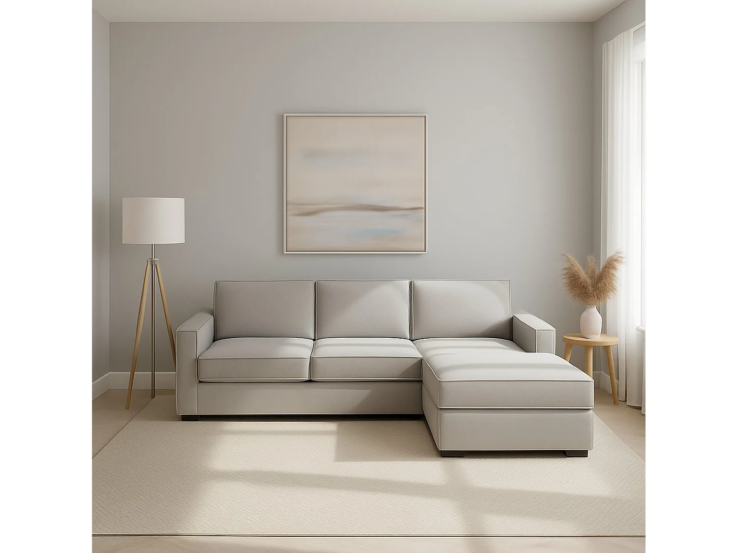 Canapé fixe Maia, Canapé d'angle, 100% Made in Italy, Canapé de salon avec péninsule conteneur droite, avec accoudoirs fins, 260x95h90 cm, Gris