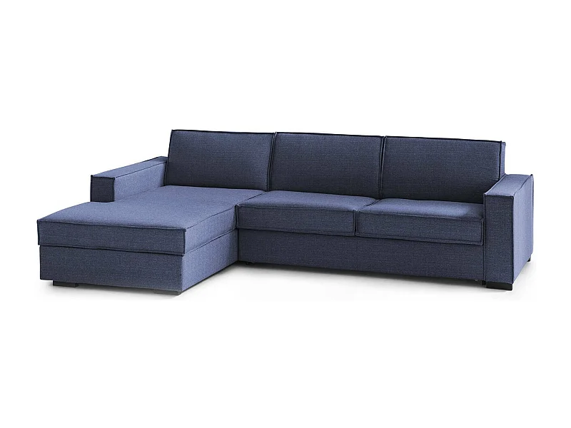 Adima slaapbank, hoekbank, 100% Made in Italy, bank met draaibare opening, opbergschiereiland links, met slanke armleuningen, 260x95h90 cm, blauw