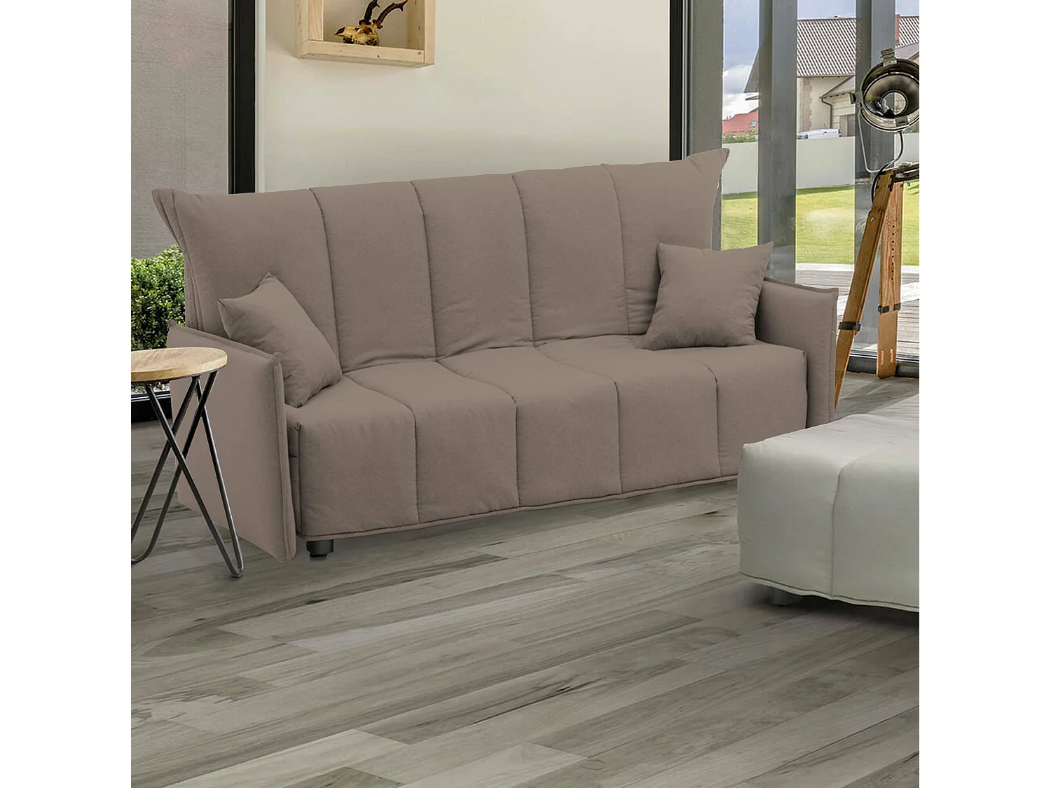 Schlafsofa Allyson, 3-Sitzer-Sofa, 100 % Made in Italy, Wohnzimmersofa mit Trolley-Ã–ffnung, aus gepolstertem Stoff, mit Standardarmlehnen, 190 x 90 x 85 cm, Taupe