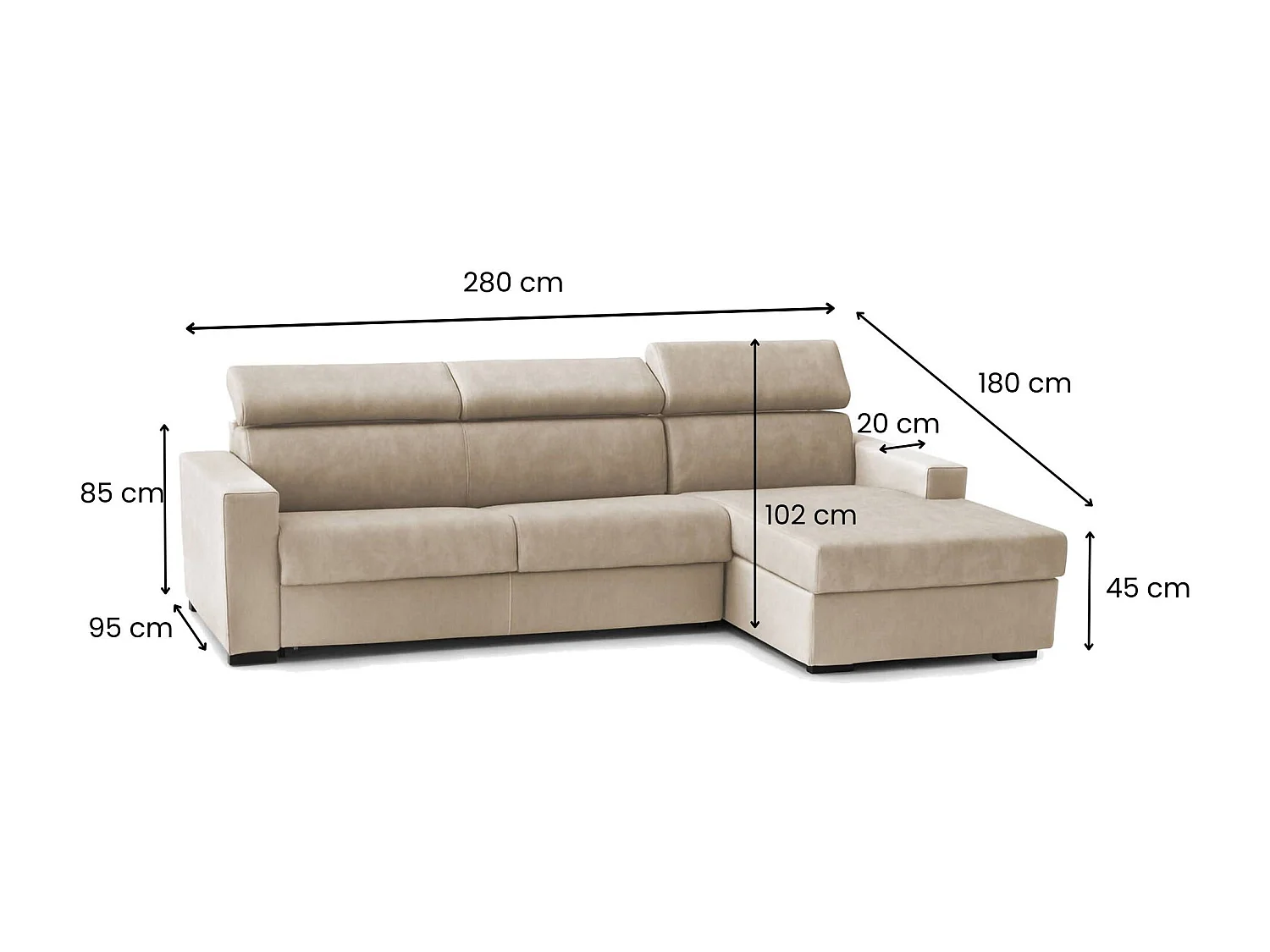 Divano letto con penisola Alberta, Sof con penisola contenitore Destra, Braccioli standard, 100% Made in Italy, Cm 280x95h85, Beige