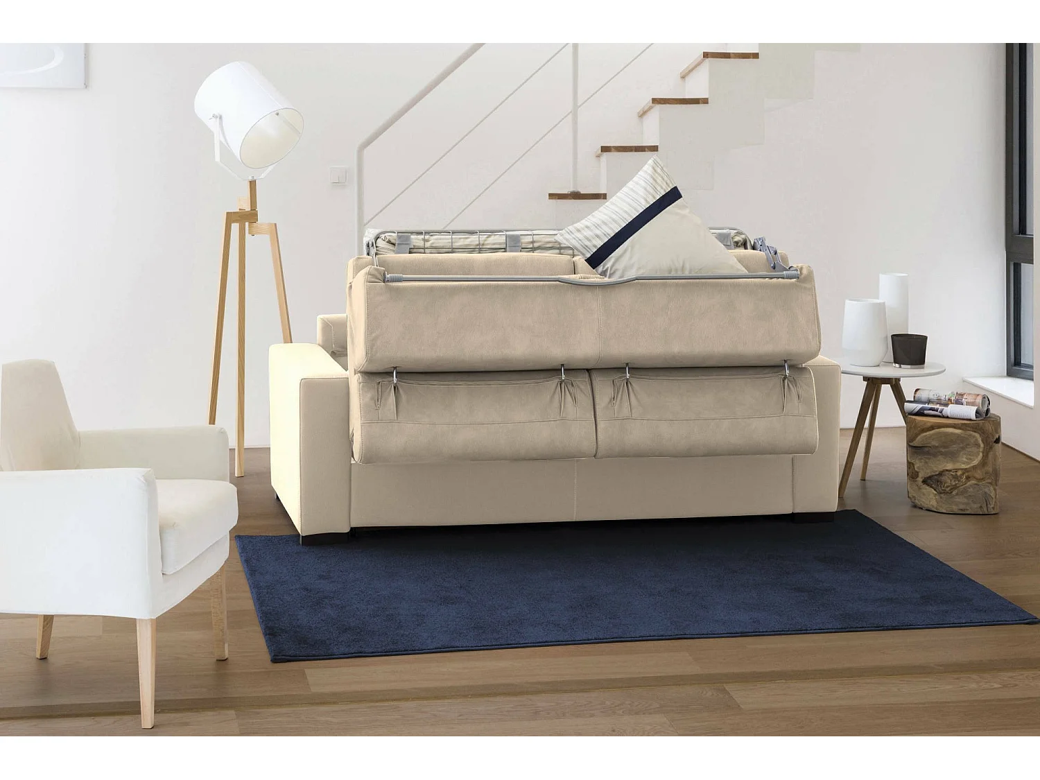 Sofá cama con península Alberta, Sofá con península de almacenamiento derecha, Reposabrazos estándar, 100% Made in Italy, Cm 280x95h85, Beige