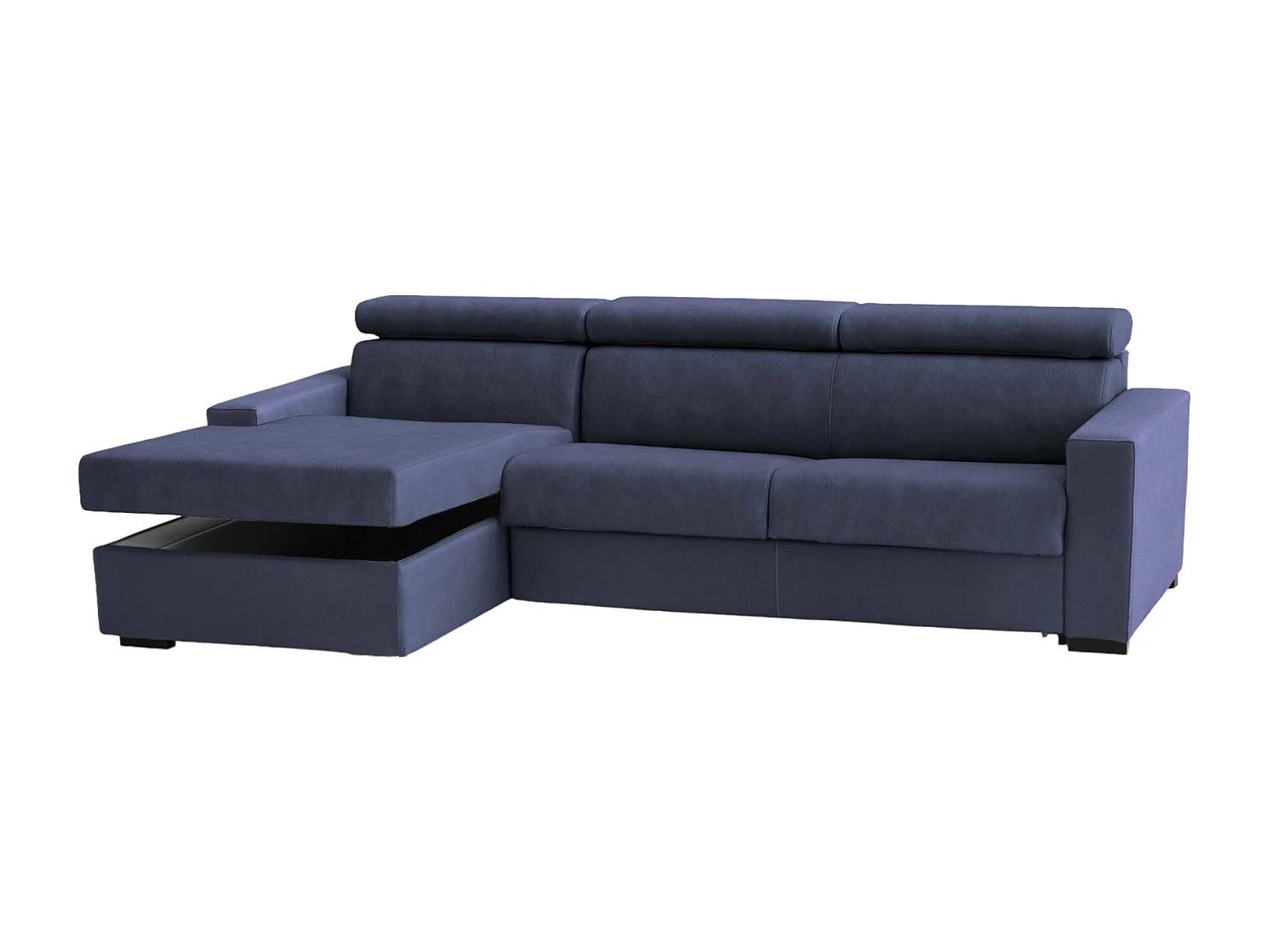 Sofá fijo con península Eliana, Sofá de tela, Chaise longue contenedor izquierdo, Reposabrazos Slim, 100% Made in Italy, 260x95h85 cm, Azul