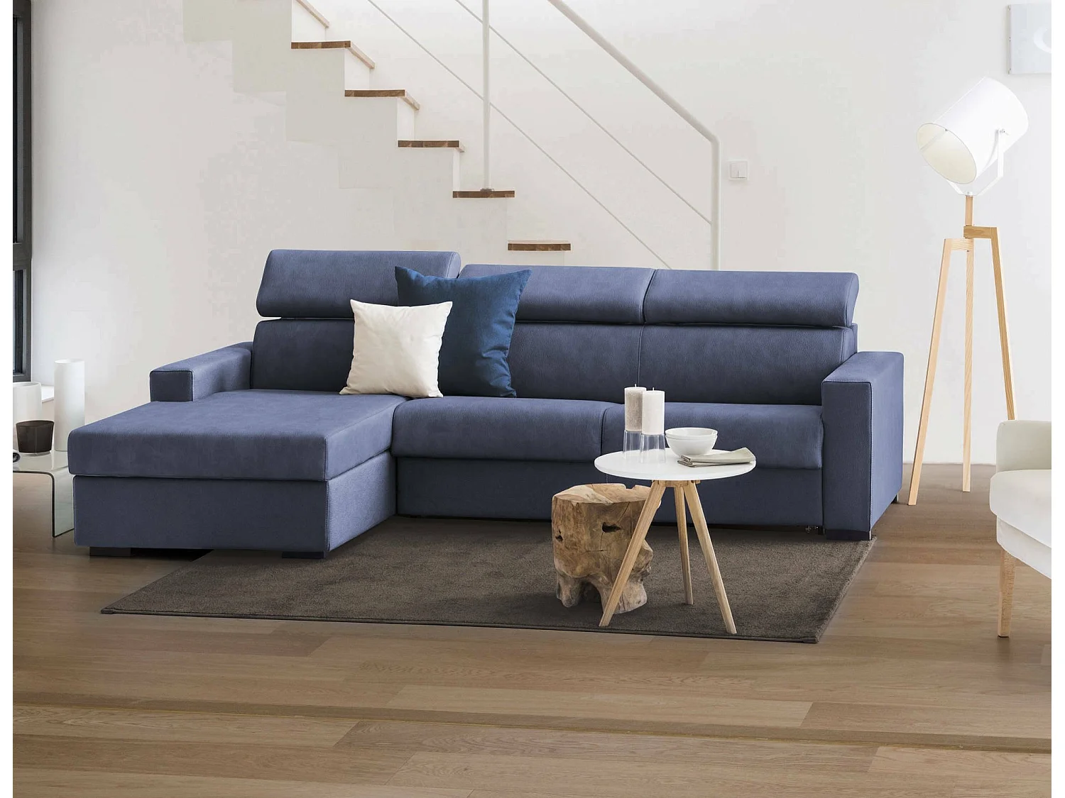 Divano fisso con penisola Eliana, Sof in tessuto, Chaise longue contenitore Sinistra, Braccioli slim, 100% Made in Italy, Cm 260x95h85, Blu