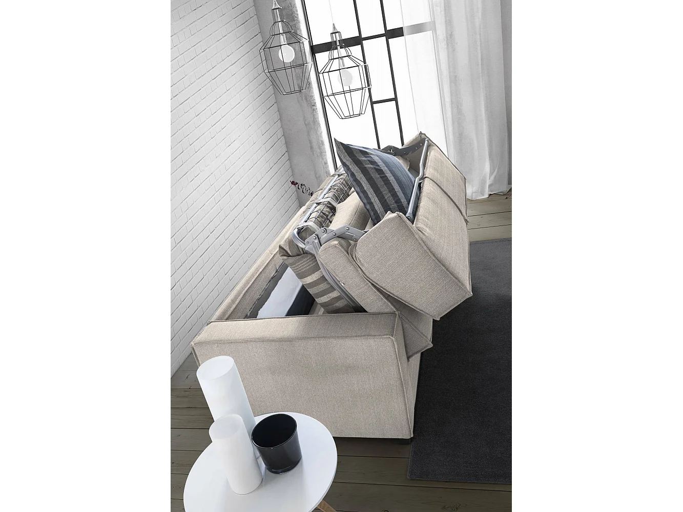 Divano letto 2 posti Abigail, Sof Soggiorno apertura girevole, Tessuto imbottito, Braccioli standard, 100% Made in Italy, Cm 200x95h90, Tortora