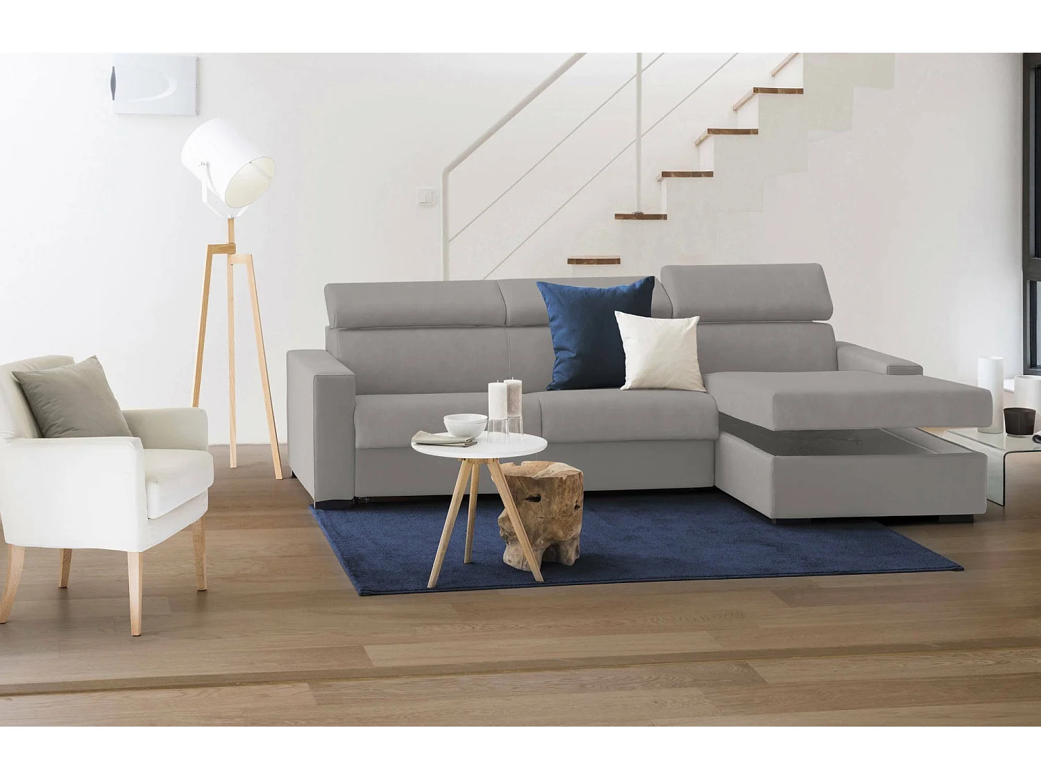 Schlafsofa Alberta, Ecksofa, 100%  Italy, Sofa mit Drehöffnung, mit rechter Containerhalbinsel, mit Standard-Armlehnen, Cm 280x95h85, Grau