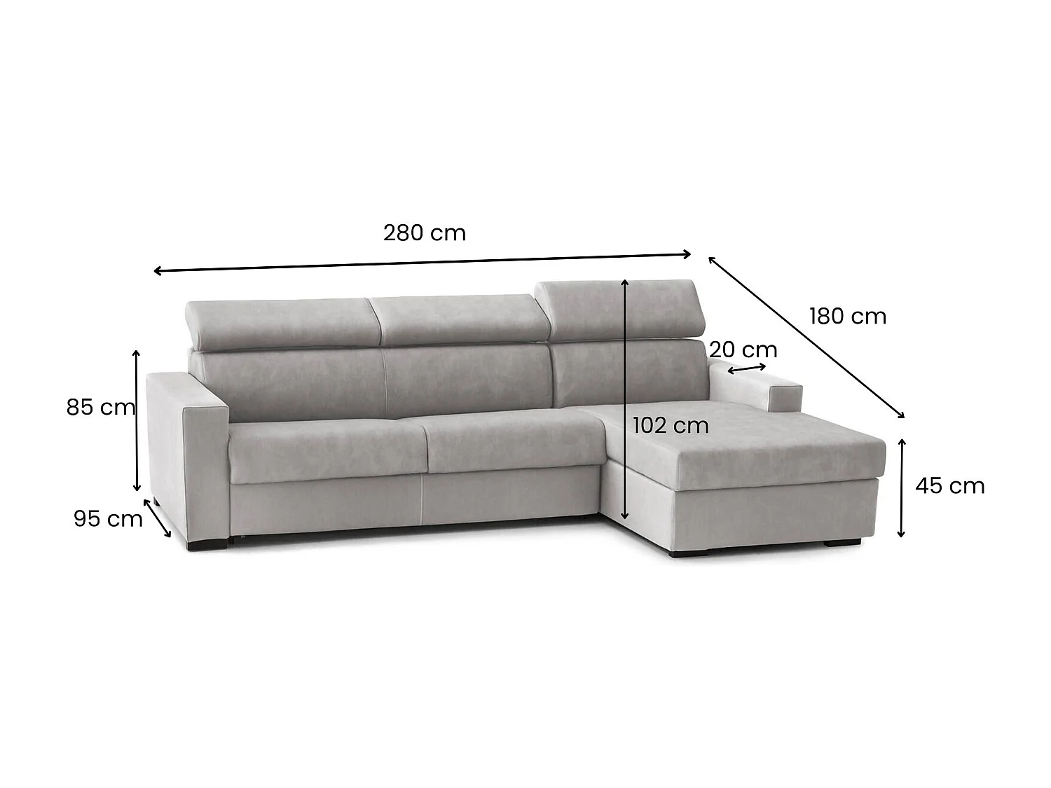 Canapé d'angle convertible Alberta, Canapé avec péninsule de rangement droite, Accoudoirs standards, 100% Made in Italy, 280x95h85 cm, Gris