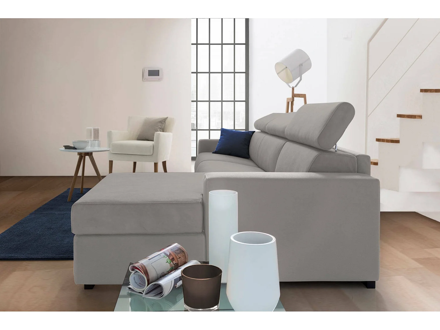 Canapé d'angle convertible Alberta, Canapé avec péninsule de rangement droite, Accoudoirs standards, 100% Made in Italy, 280x95h85 cm, Gris