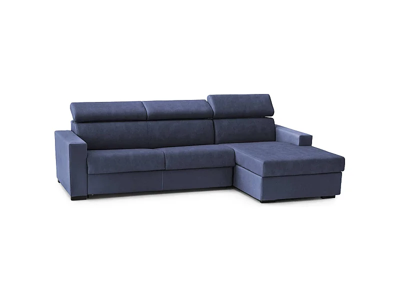 Divano fisso con penisola Marica, Sof ad angolo con chaise longue destra in tessuto, Braccioli standard, 100% Made in Italy, Cm 280x95h85, Blu