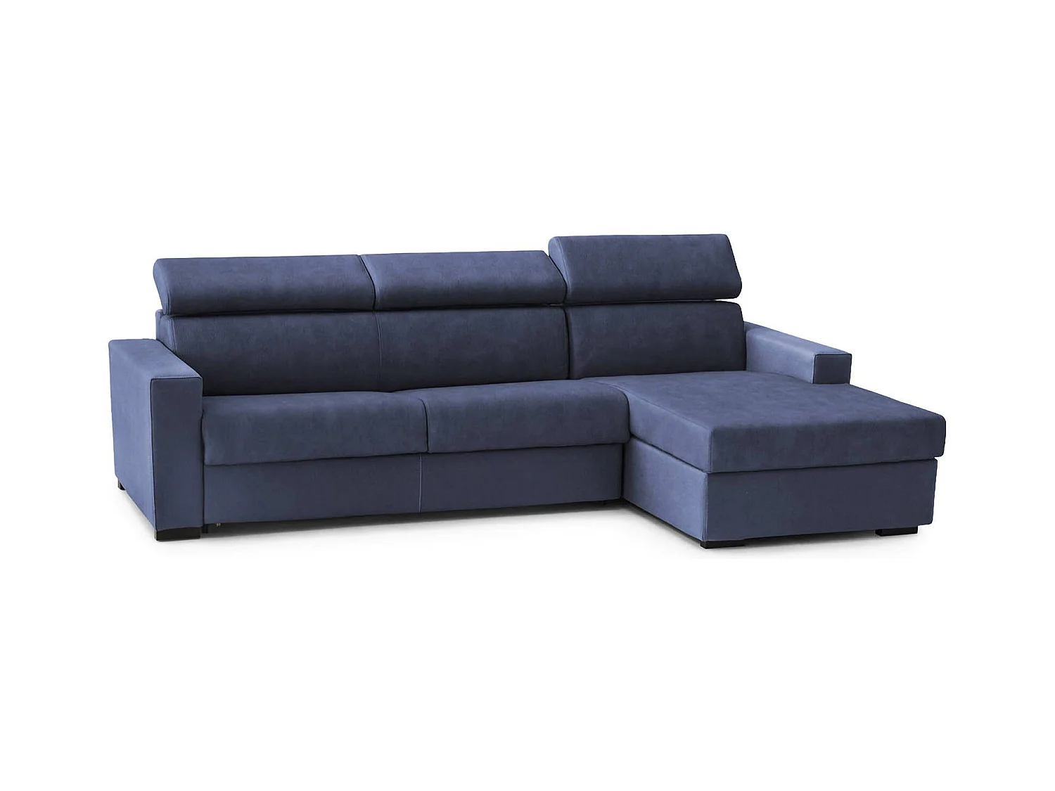 Divano fisso con penisola Marica, Sof ad angolo con chaise longue destra in tessuto, Braccioli standard, 100% Made in Italy, Cm 280x95h85, Blu