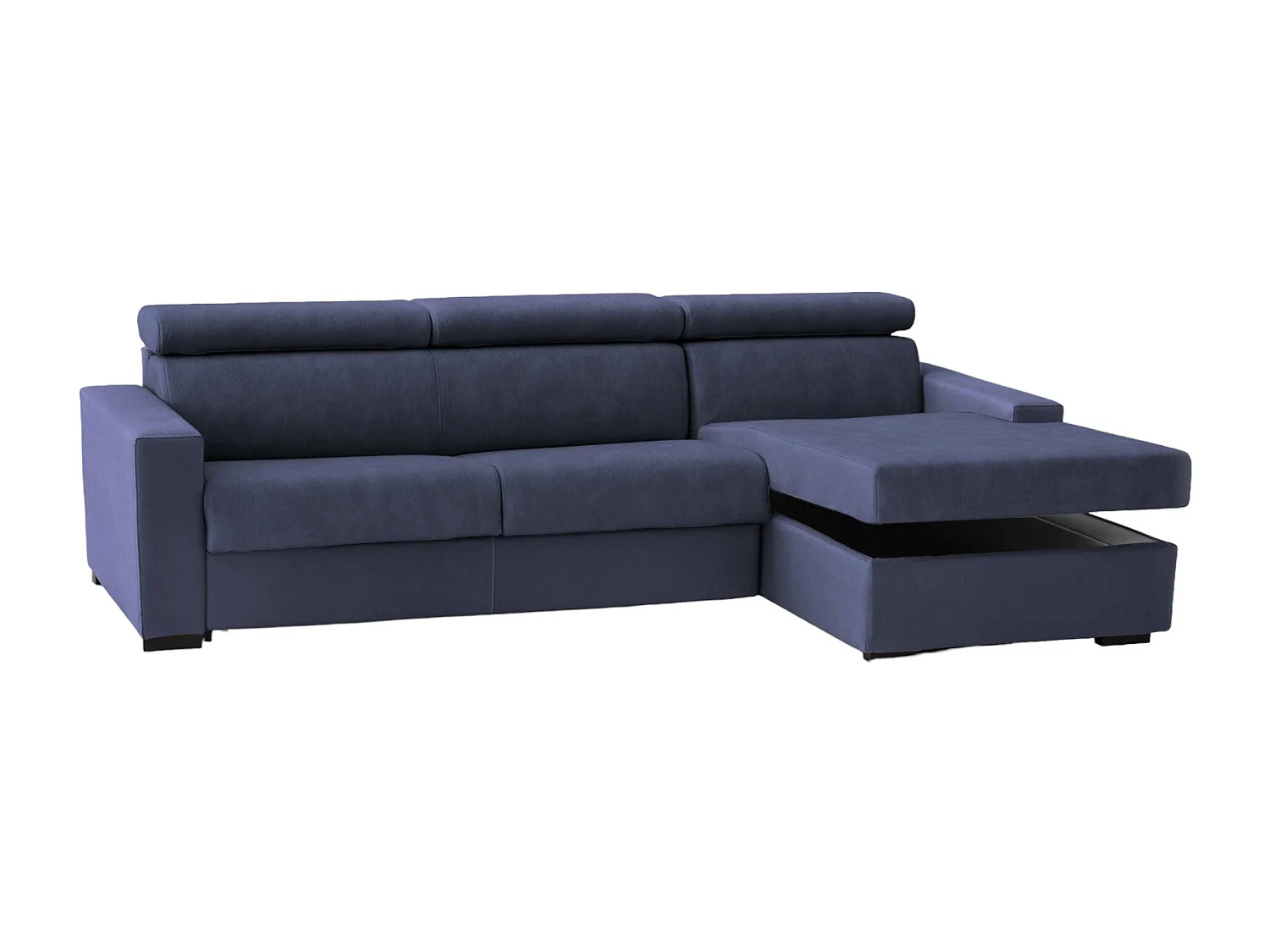 Divano fisso con penisola Marica, Sof ad angolo con chaise longue destra in tessuto, Braccioli standard, 100% Made in Italy, Cm 280x95h85, Blu