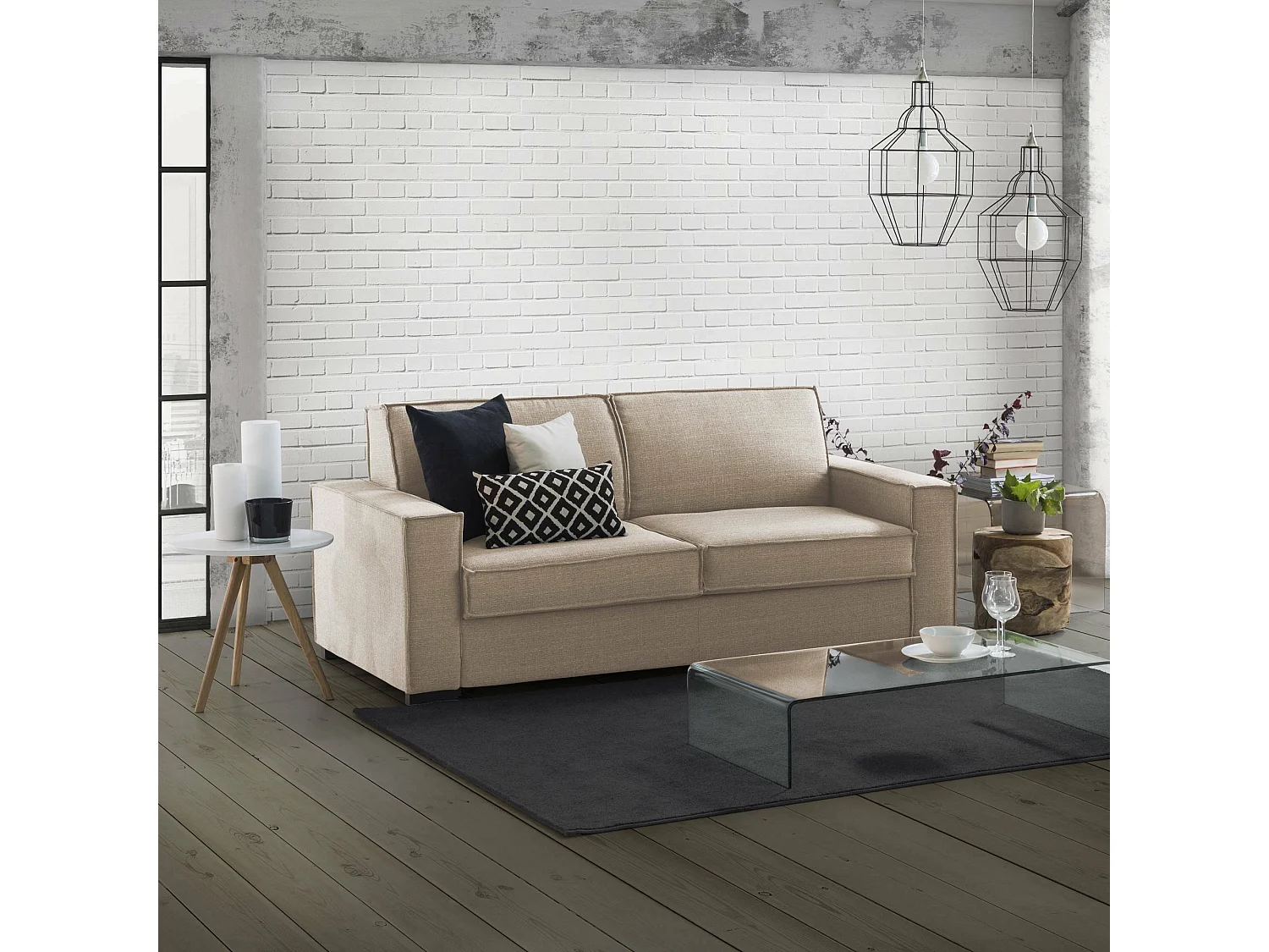 Adalgisa slaapbank, 3-zitsbank, 100% Made in Italy, woonkamerbank met draaibare opening, in gewatteerde stof, met standaard armleuningen, 220x95h90 cm, Beige