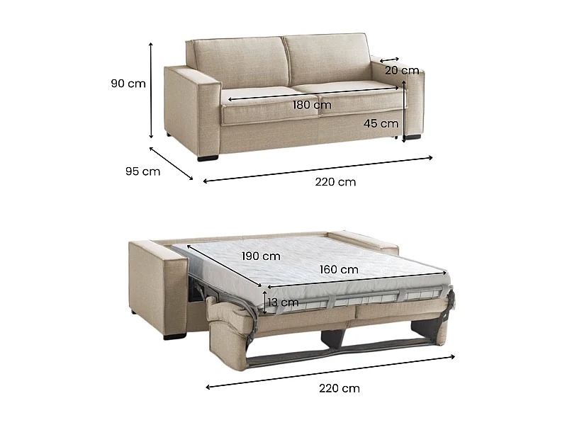 Canapé-lit Adalgisa, canapé 3 places, 100% Made in Italy, Canapé de salon à ouverture pivotante, en tissu rembourré, avec accoudoirs standards, 220x95h90 cm, Beige